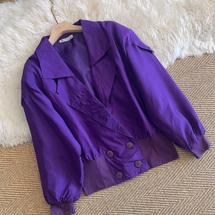 古着真丝外套女长袖秋冬复古外贸桑蚕丝宽松西装领机车服夹克衫