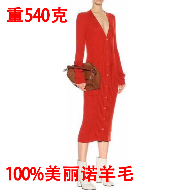 羊毛开衫连衣裙开叉单排扣毛衣裙