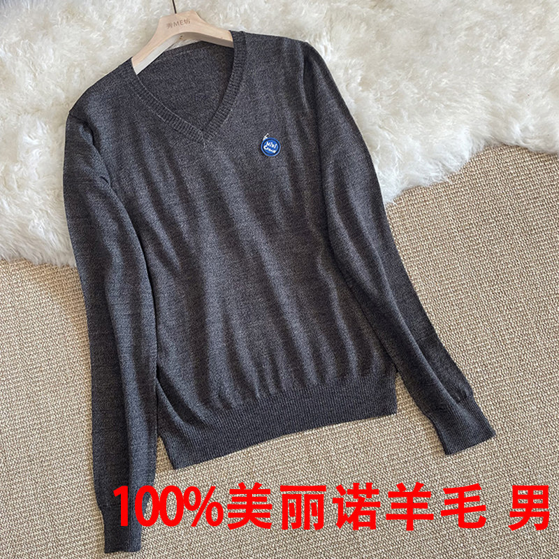潮100羊毛衫男士纯色V领薄款全羊毛衫秋冬新款休闲毛衣男爸爸装