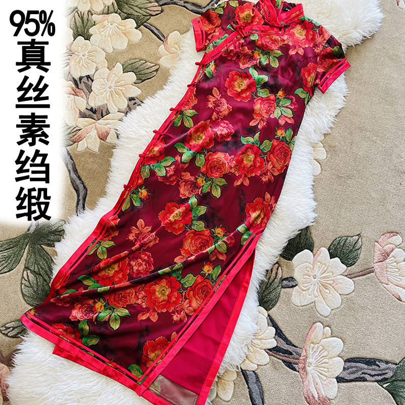 真丝旗袍改良弹力素缎面印花手工
