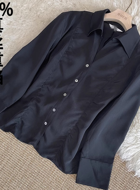 秋装55姆女翻领双绉重磅真丝长袖衬衫法式抽褶桑蚕丝开襟上衣修身