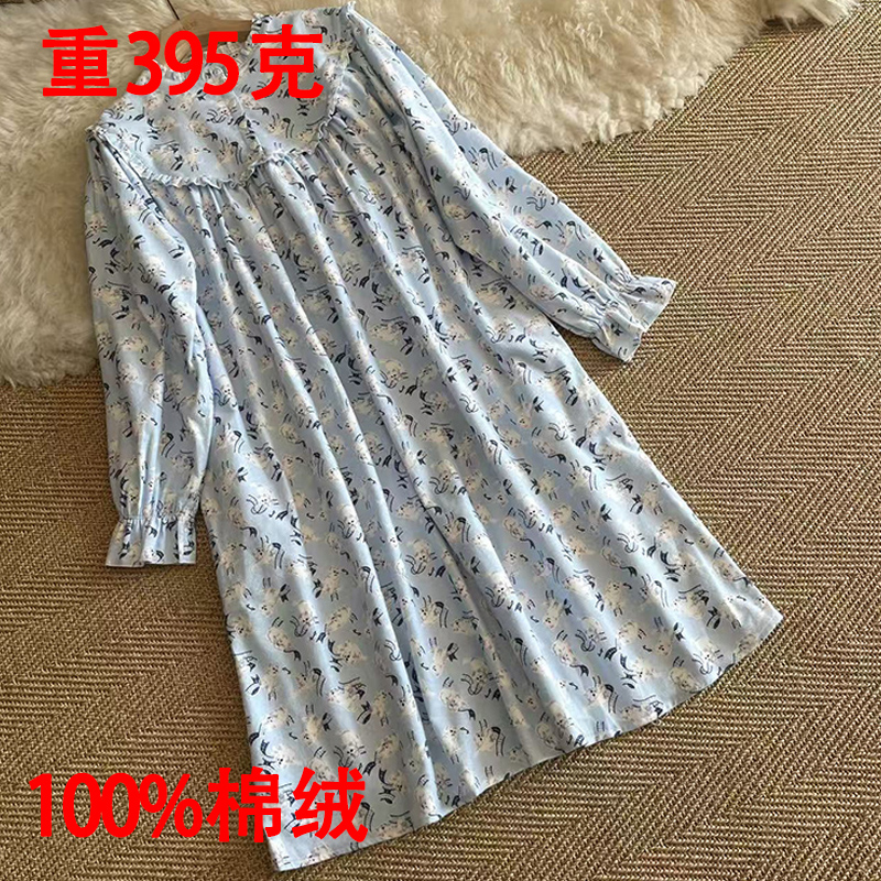 加厚全棉绒睡裙胖MM 蕾丝花边法式慵懒卡通碎花睡裙女纯棉睡衣冬