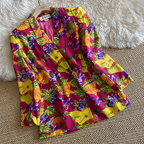 真丝双绉西服印花长袖双排扣薄款