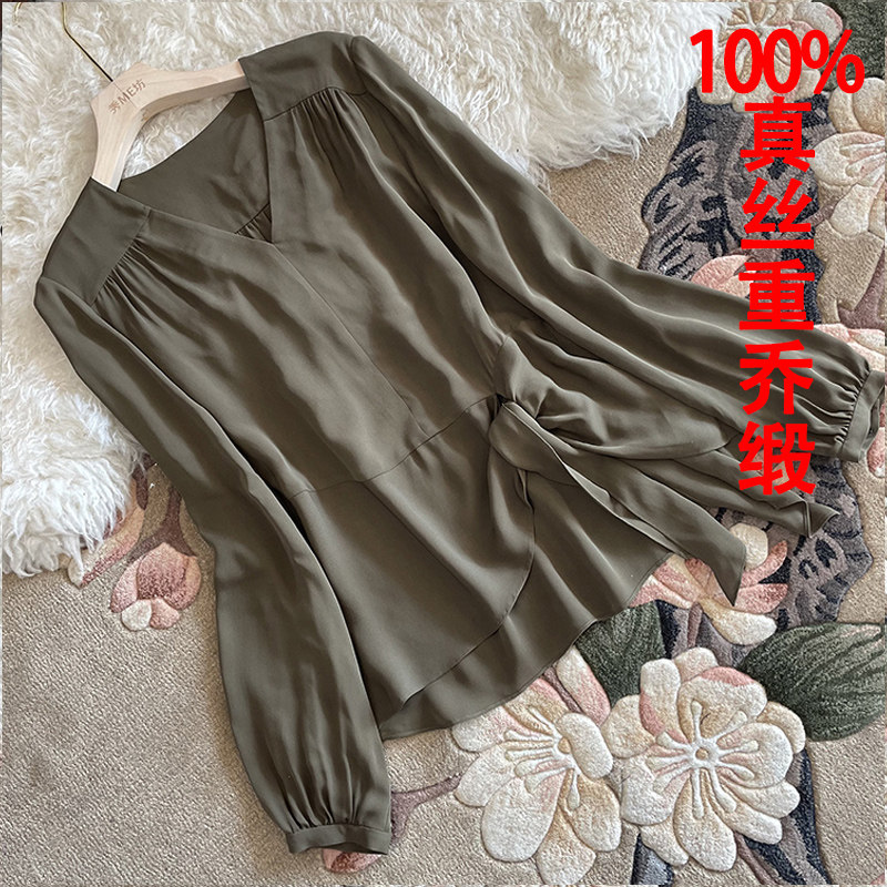 100%真丝重乔缎衬衫套头蝴蝶结OL