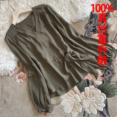 100%真丝重乔缎衬衫套头蝴蝶结OL