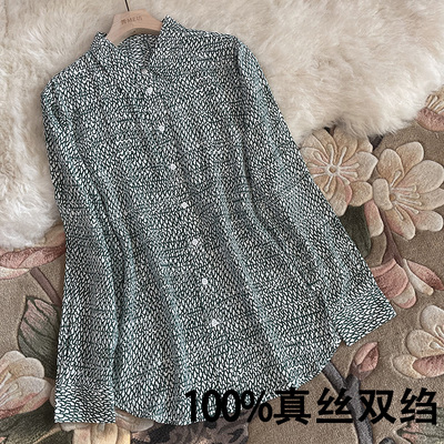 真丝双绉衬衫几何印花双口袋欧美