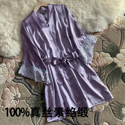 拼蕾丝真丝素绉缎睡袍家居服水袖