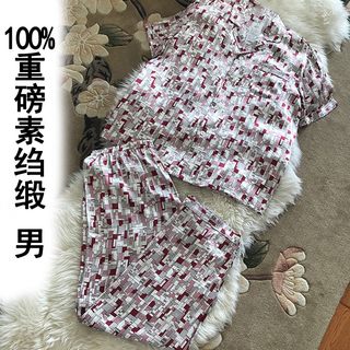 ~纯真丝浴服睡衣100%男女士夏季素绉缎面休闲家居服套装潮桑蚕丝