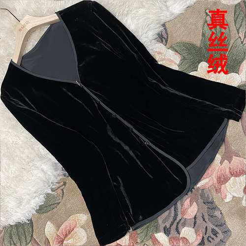 真丝绒衬衫V领桑蚕丝法式修身