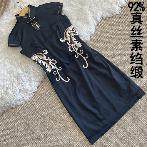 桑蚕丝蕾丝旗袍素绉缎面刺绣旗袍