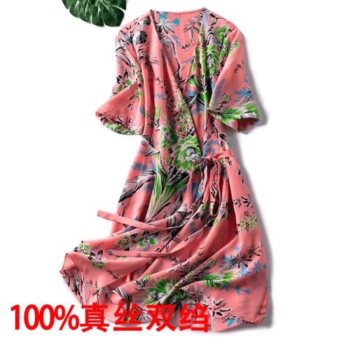 真丝双绉印花连衣裙绑带收腰V领