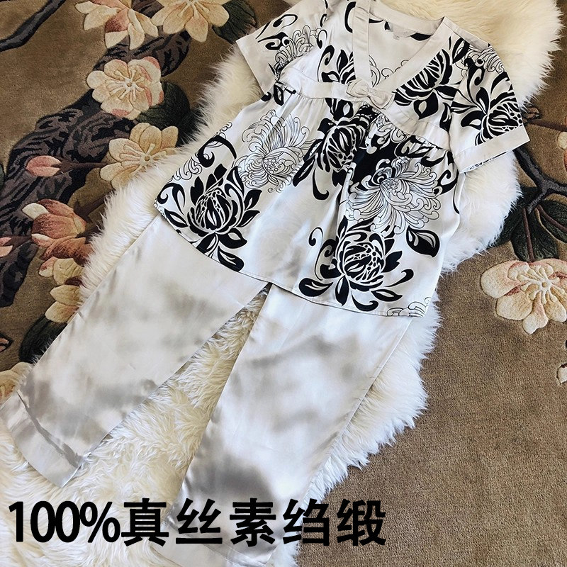 桑蚕丝素绉缎睡衣家居服套装印花