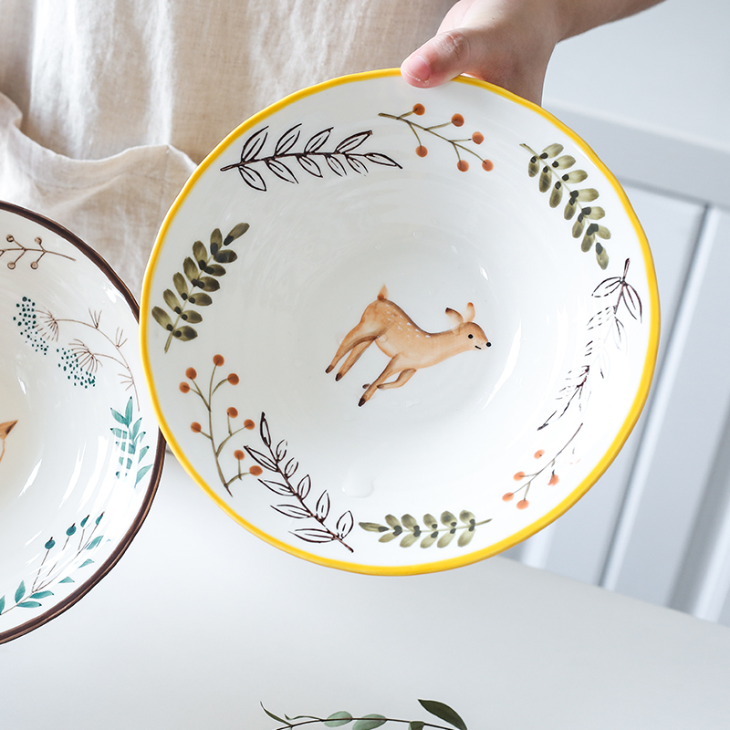 森系动物陶瓷面碗家用8英寸汤碗