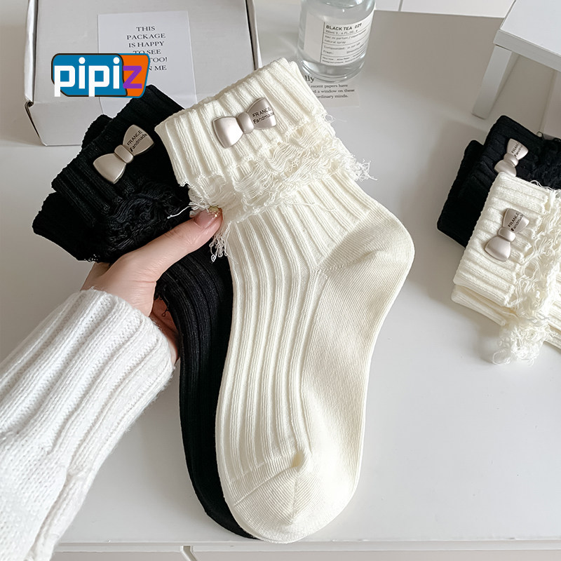 高货~袜子女纯棉中筒袜配饰蝴蝶结定标ins风潮淑女袜双针破洞流苏