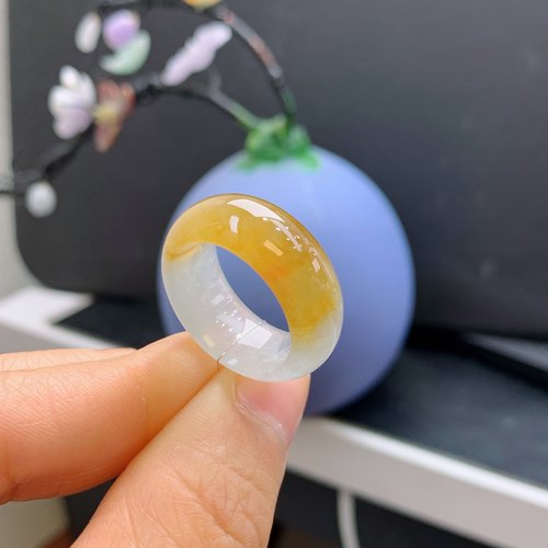 14-15圈口缅甸天然翡翠A货冰黄翡宽版戒指4#