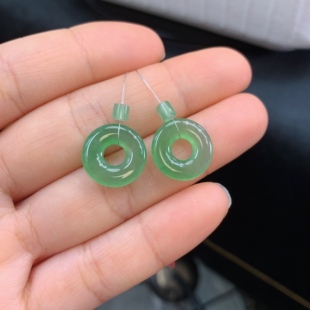 缅甸天然翡翠A货冰满甜绿甜甜圈一对431