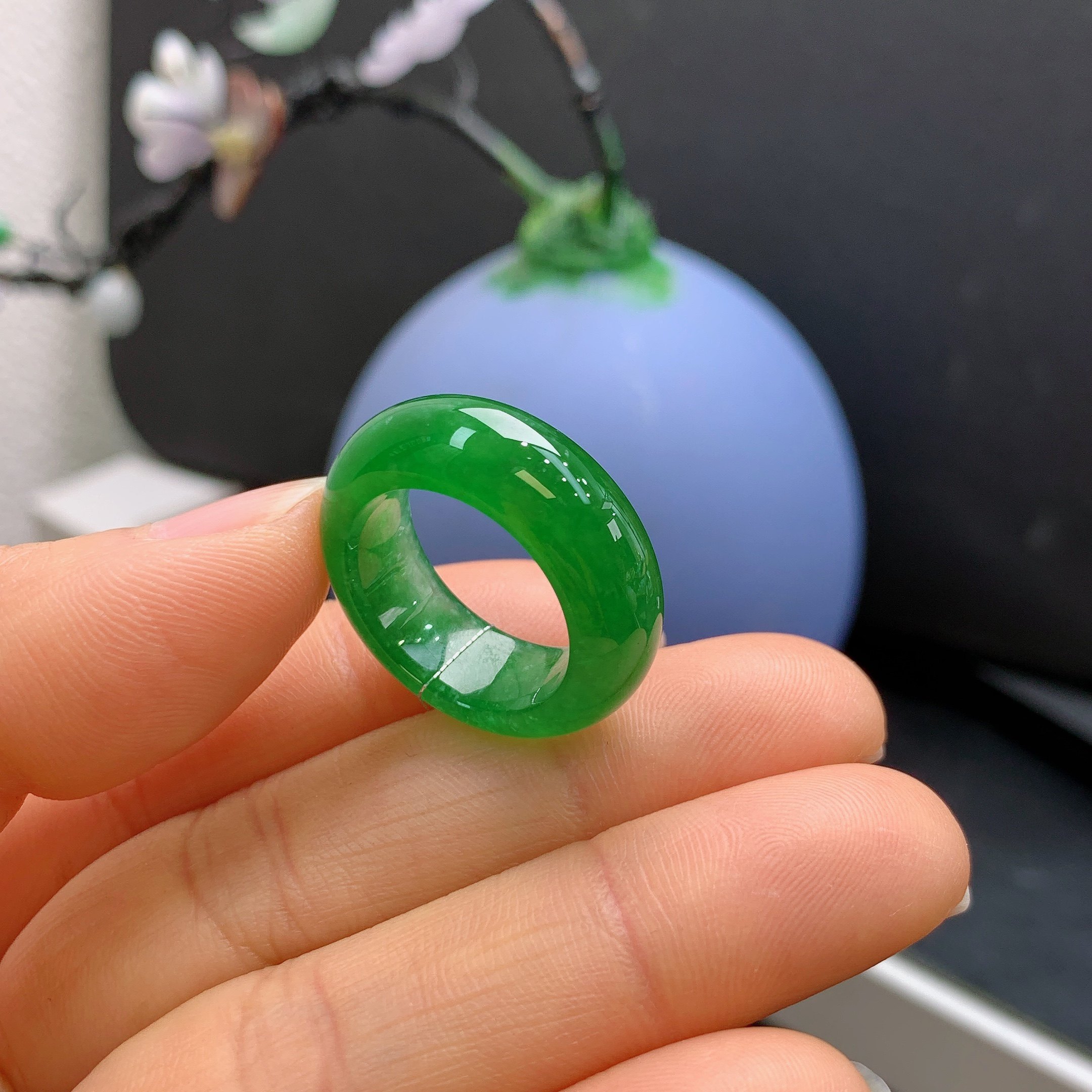 14-15圈口缅甸天然翡翠A货冰满绿宽版戒指A923#