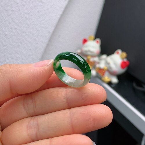 20圈口缅甸天然翡翠A货冰润辣绿半山水戒指A1602#
