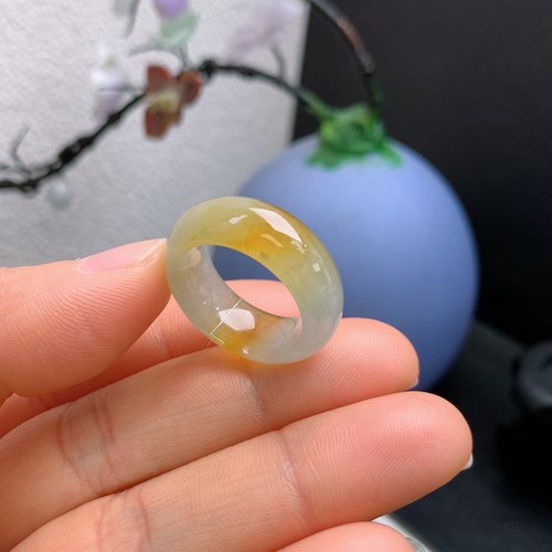 14-15圈口缅甸天然翡翠A货冰黄翡戒指13#