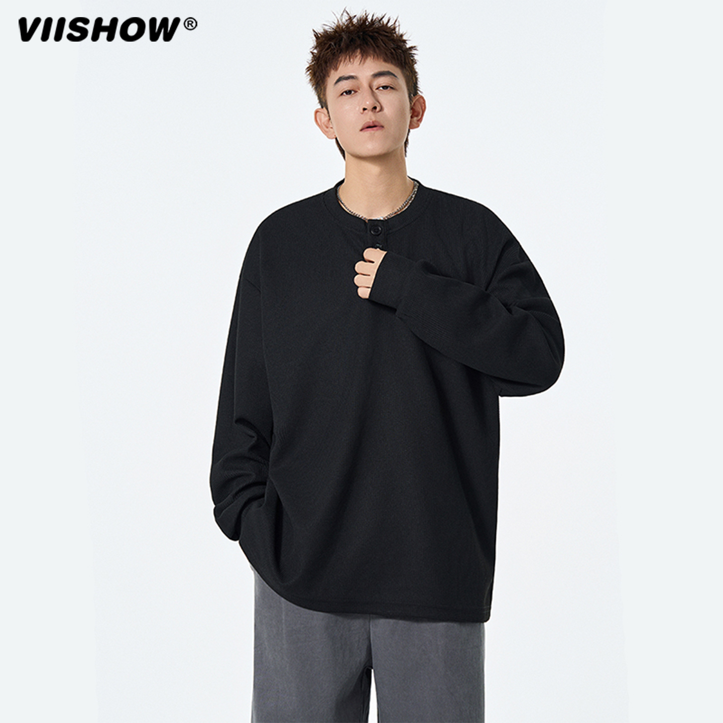 VIISHOW华夫格长袖T恤男款秋季秋正肩亨利领设计感宽松打底衫卫衣