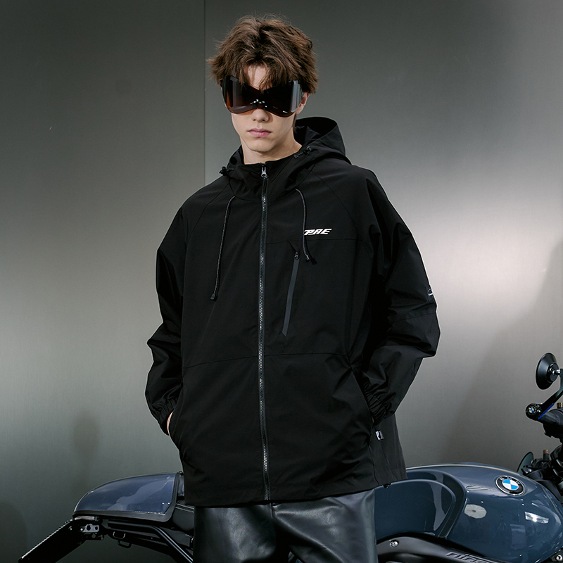 PRESSURE纯色美式复古拉链字母印花连帽休闲宽松冲锋夹克男女同款