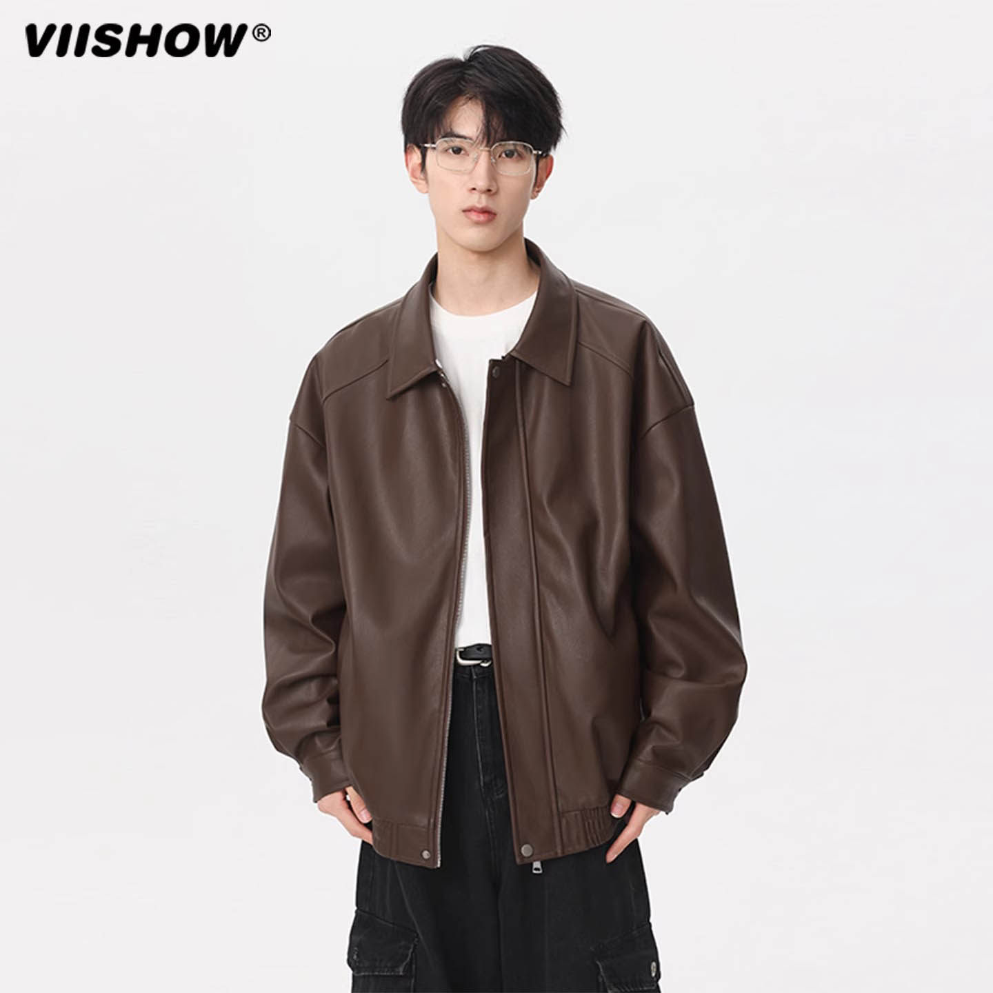 VIISHOW皮衣外套男春秋季高级感宽松百搭简约纯色青少年休闲夹克
