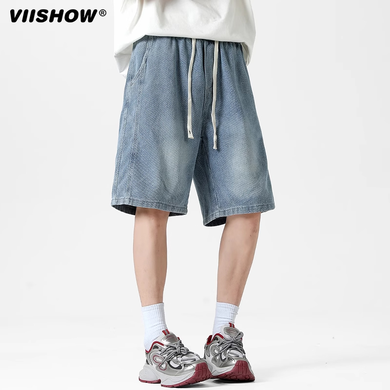 VIISHOW星空纹牛仔短裤男士夏季薄款潮牌复古宽松休闲五分裤子男