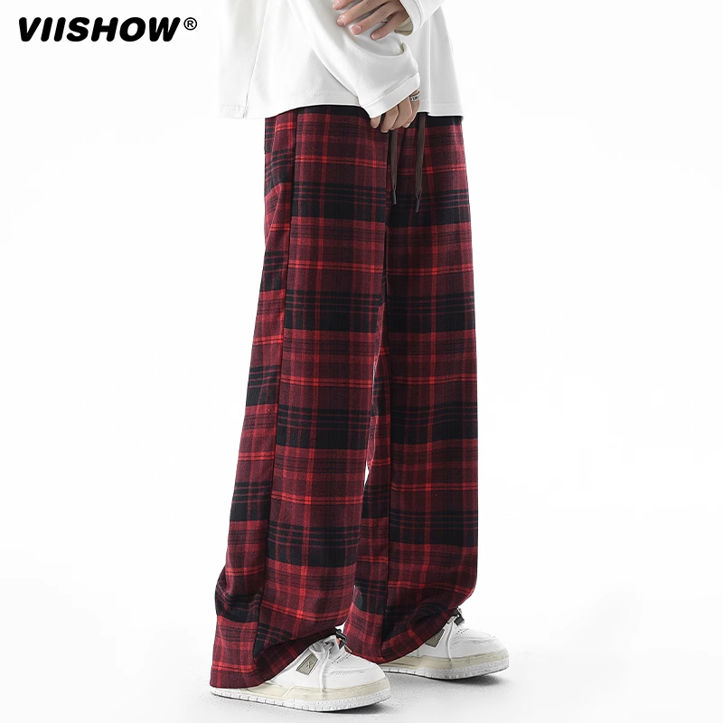 VIISHOW港风复古格子休闲长裤男秋宽松潮牌百搭撞色阔腿直筒裤子