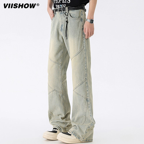 VIISHOW拼接做旧牛仔裤男春夏季美式复古高街直筒显瘦vibe风长裤