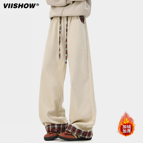 VIISHOW复古加绒保暖休闲裤男冬季美式撞色格纹加厚灯芯绒长裤子