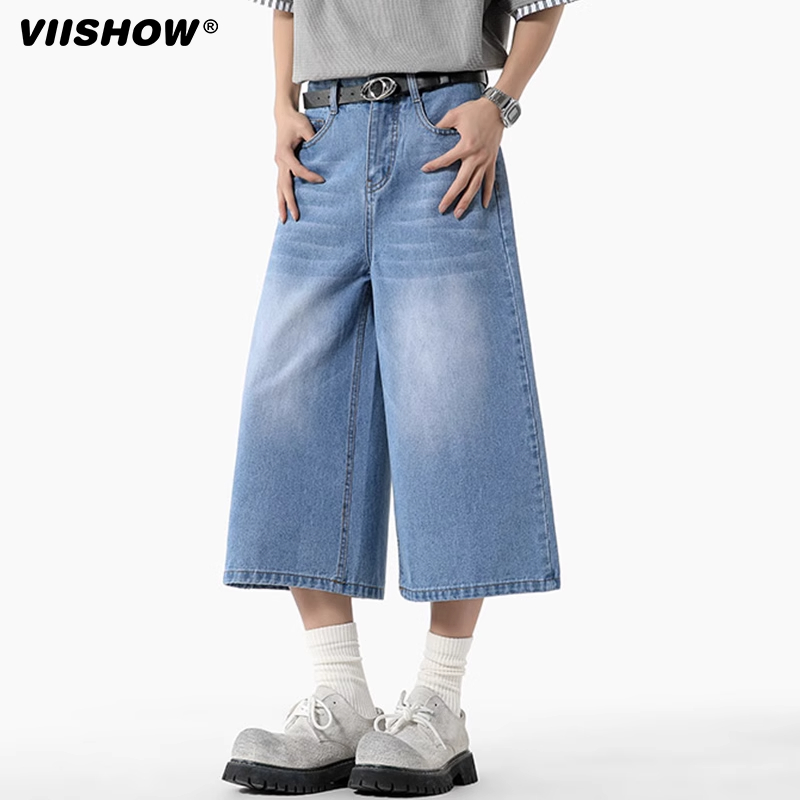 VIISHOW美式高街痞帅直筒七分牛仔裤男夏季潮牌宽松阔腿休闲短裤
