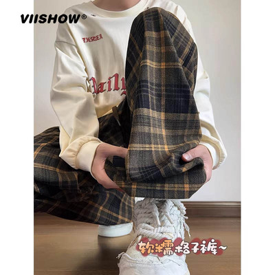VIISHOW格子休闲裤男士宽松直筒裤子春秋男生潮流复古阔腿长裤潮
