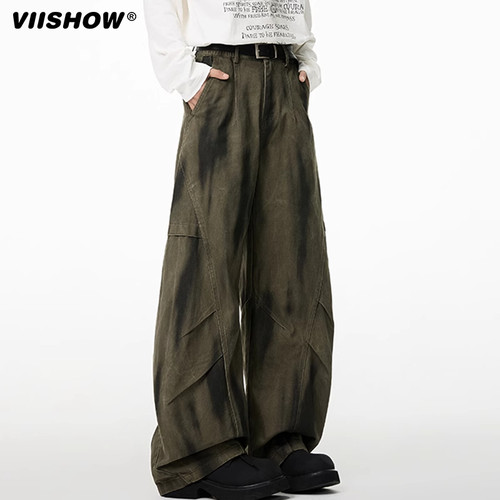 VIISHOW美式复古拼接脏染弯刀工装裤男春季宽松百搭阔腿小众长裤