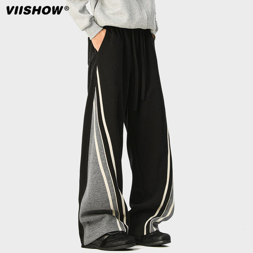 VIISHOW美式重磅撞色条纹休闲卫裤男冬季复古松弛感宽松运动裤子