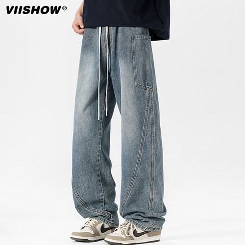 VIISHOW复古水洗弯刀牛仔裤男春季美式宽松高街直筒阔腿长裤潮