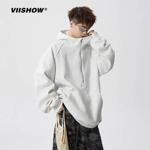 VIISHOW接头连帽卫衣男冬高街半拉链情侣上衣潮牌设计感休闲帽衫
