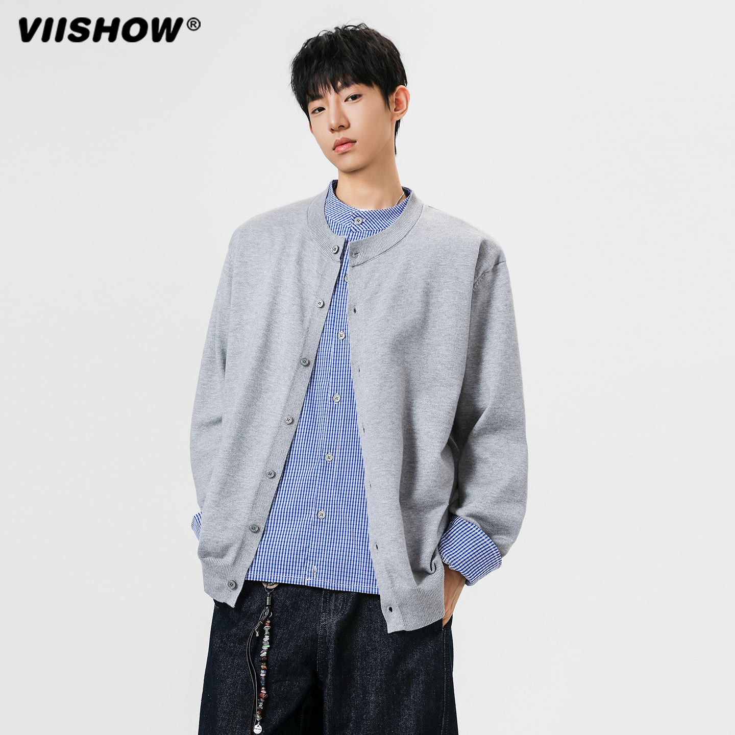 VIISHOW美式条纹假两件毛衣男秋季潮牌格子拼接针织衫慵懒风外套