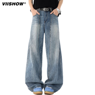 VIISHOW美式复古阔腿弯刀牛仔裤男2025新款春季cleanfit直筒裤