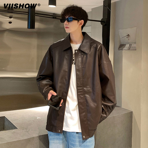 VIISHOW皮衣外套男春秋季高级感宽松百搭简约纯色青少年休闲夹克