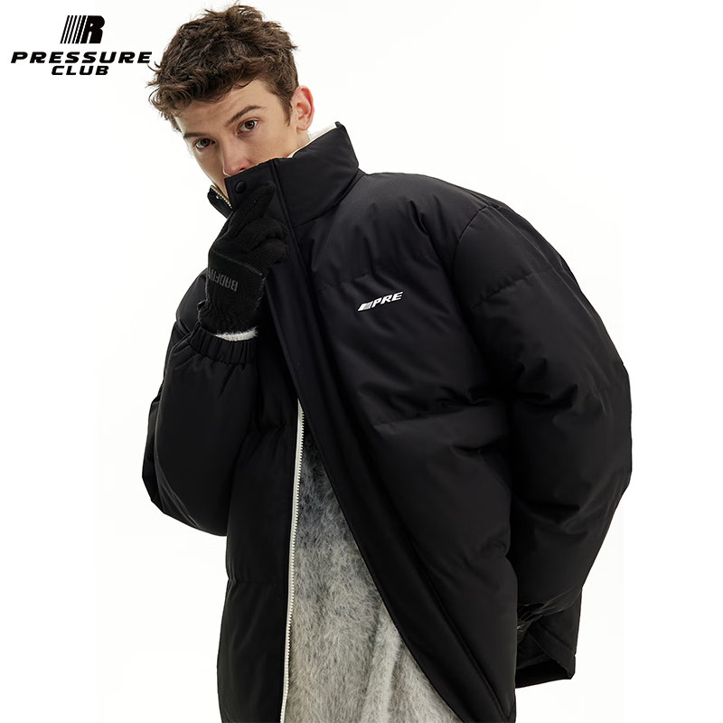 PRESSURE冬季棉服加厚外套拼接撞色简约美式复古百搭情侣立领棉袄