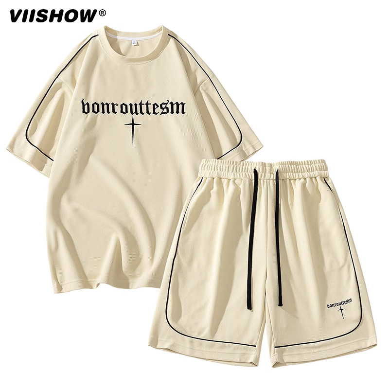 VIISHOW透气休闲运动套装男款夏季潮牌宽松情侣短袖短裤两件套男