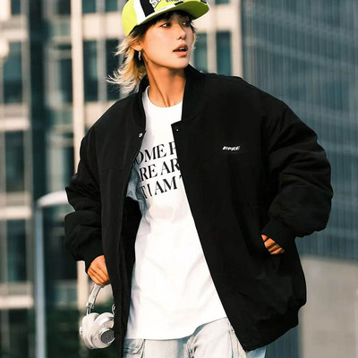 PRESSURE新款棉衣男纯色美式立体字母LOGO印花飞行员工装夹克棉服