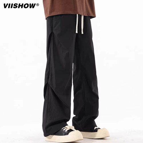 VIISHOW冰丝裤子男款夏季薄款潮牌褶皱伞兵裤宽松休闲直筒弯刀裤