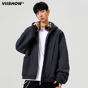 VIISHOW美式 连帽卫衣男潮牌宽松情侣休闲外套 高街设计感拼接开衫