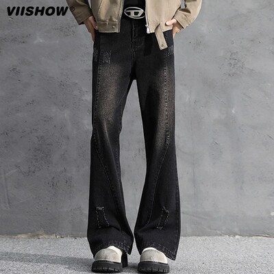 VIISHOW美式高街痞帅微喇叭挖洞牛仔裤男水洗复古直筒休闲长裤子