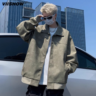 夹克 痞帅高级感男模翻领工装 VIISHOW美式 复古PU皮衣外套男春秋款