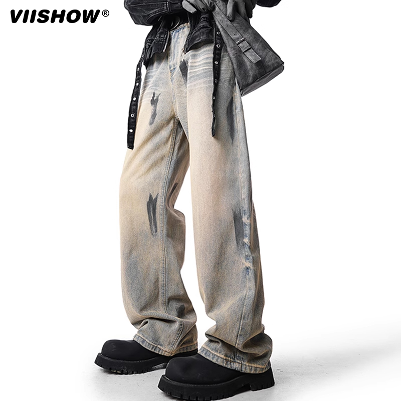 VIISHOW做旧水洗泥染牛仔裤男款夏季复古美式宽松小众直筒长裤子
