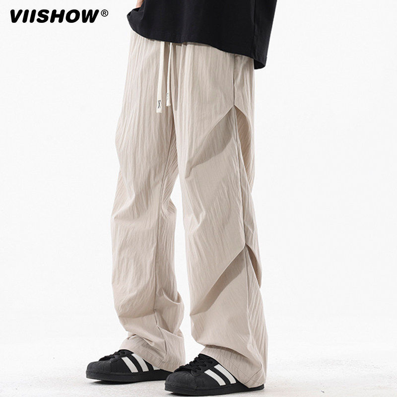 VIISHOW冰丝裤子男款夏季薄款潮牌褶皱伞兵裤宽松休闲直筒弯刀裤图片