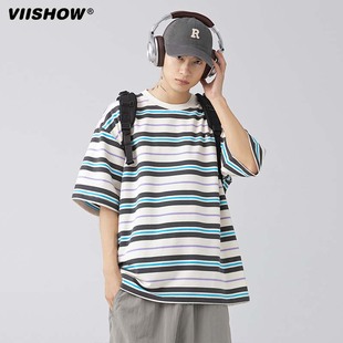 tee 宽松情侣百搭半袖 VIISHOW日系潮牌条纹圆领短袖 T恤男夏季