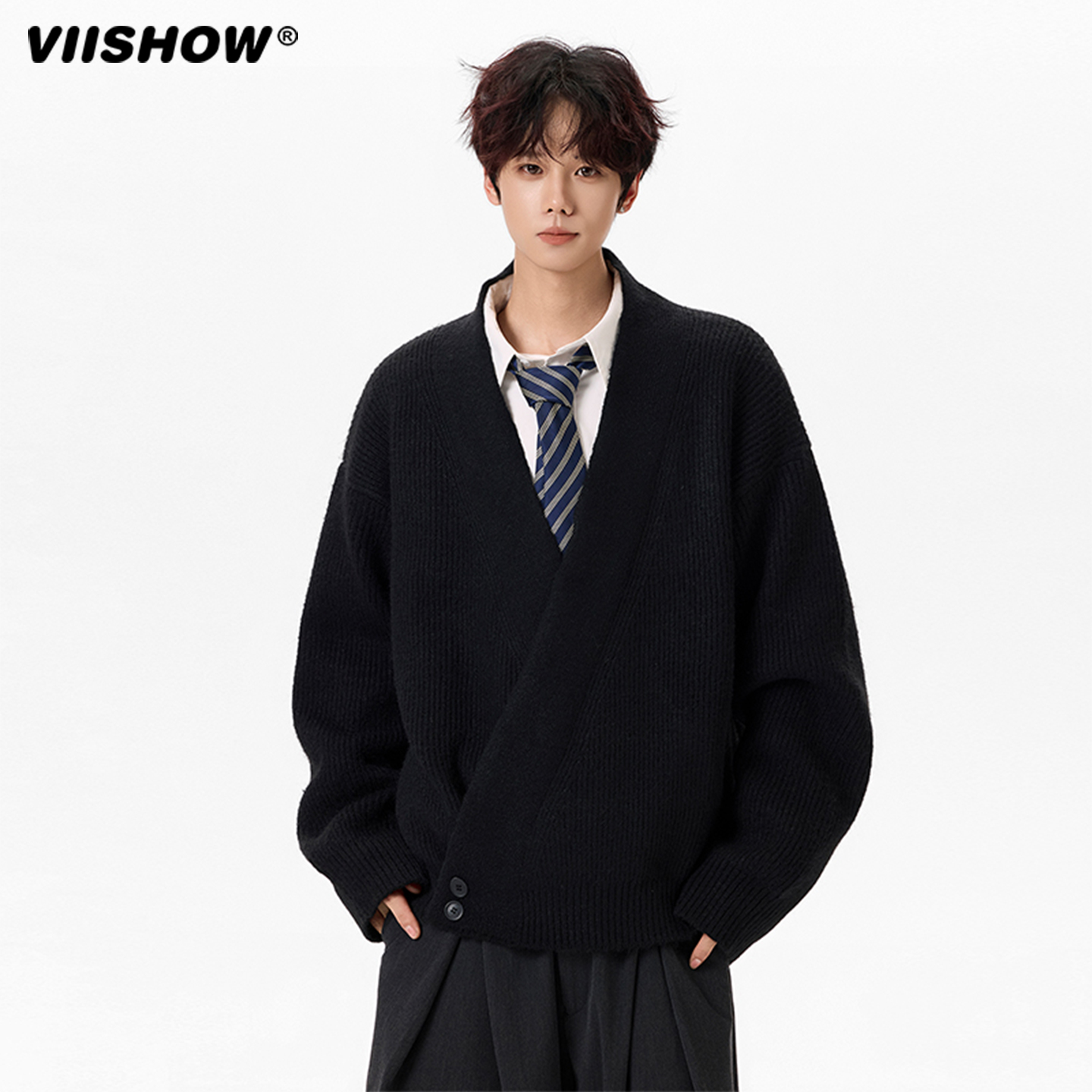 VIISHOW新中式开衫毛衣男秋不规则斜纽扣V领外套老钱慵懒风针织衫